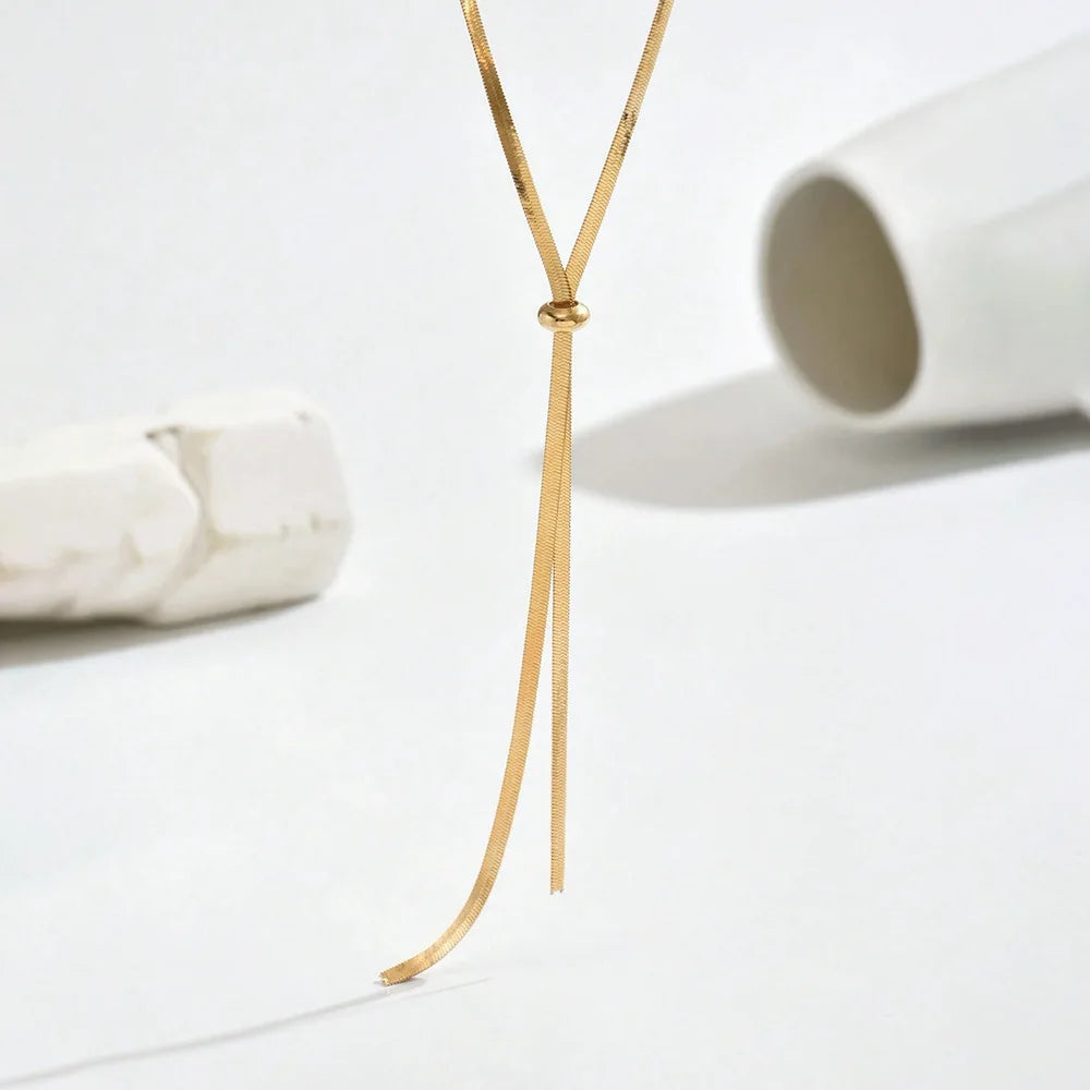 Long Flat Snake Bone Chain Necklace for Women Stainless Steel Gold Color Y-Shaped EsotericNecklace