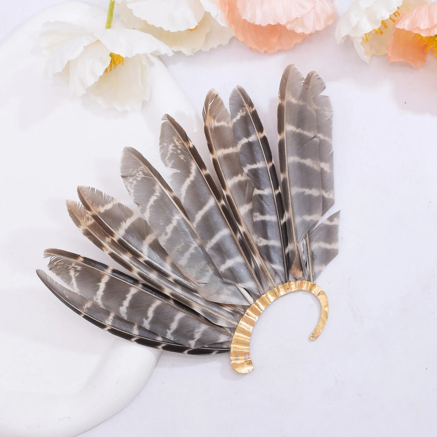 Brown Long Feather Ear Cuff Earrings, Feather Ear Hook Clip Earrings
