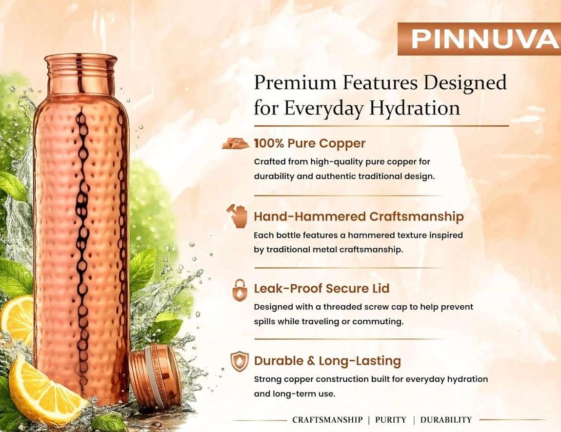 Handcrafted Ayurvedic 100 Percent Pure Copper Water Bottle, 34oz, Leak-Proof & Eco-Friendly for Fitness and Travel