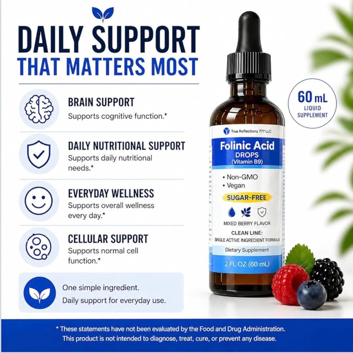 Folinic Acid - Supports Brain Health & Cognitive Function in Children, Adults. Helps With Autism