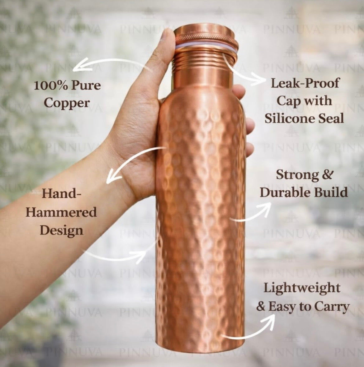Handcrafted Ayurvedic 100 Percent Pure Copper Water Bottle, 34oz, Leak-Proof & Eco-Friendly for Fitness and Travel