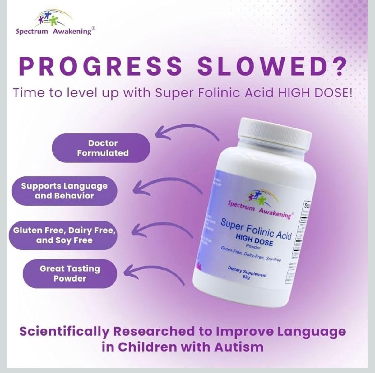 Super Folinic Acid - High Dose Powder, Supports Normal Speech and Language Development in Children. Known to Improve Speech Delay and Cognitive Function with Autistic Children.