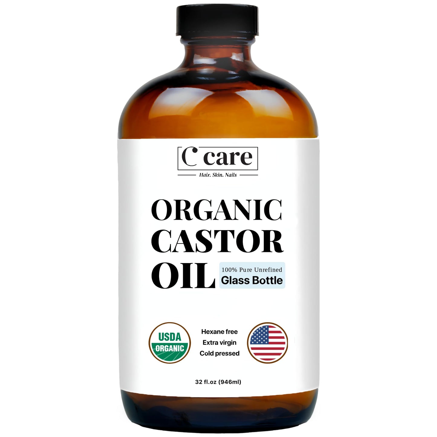 C CARE Castor Oil 100% Pure Organic Cold Pressed Unrefined Glass Bottle | USDA Certified Organic | Hexane Free Extra Virgin | For Hair Growth Eyebrows Eyelashes Skin and Castor Oil Pack Wrap | 16oz