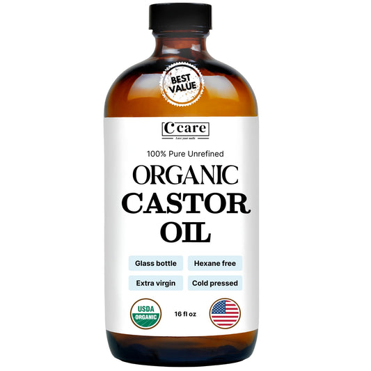 C CARE Castor Oil 100% Pure Organic Cold Pressed Unrefined Glass Bottle | USDA Certified Organic | Hexane Free Extra Virgin | For Hair Growth Eyebrows Eyelashes Skin and Castor Oil Pack Wrap | 16oz