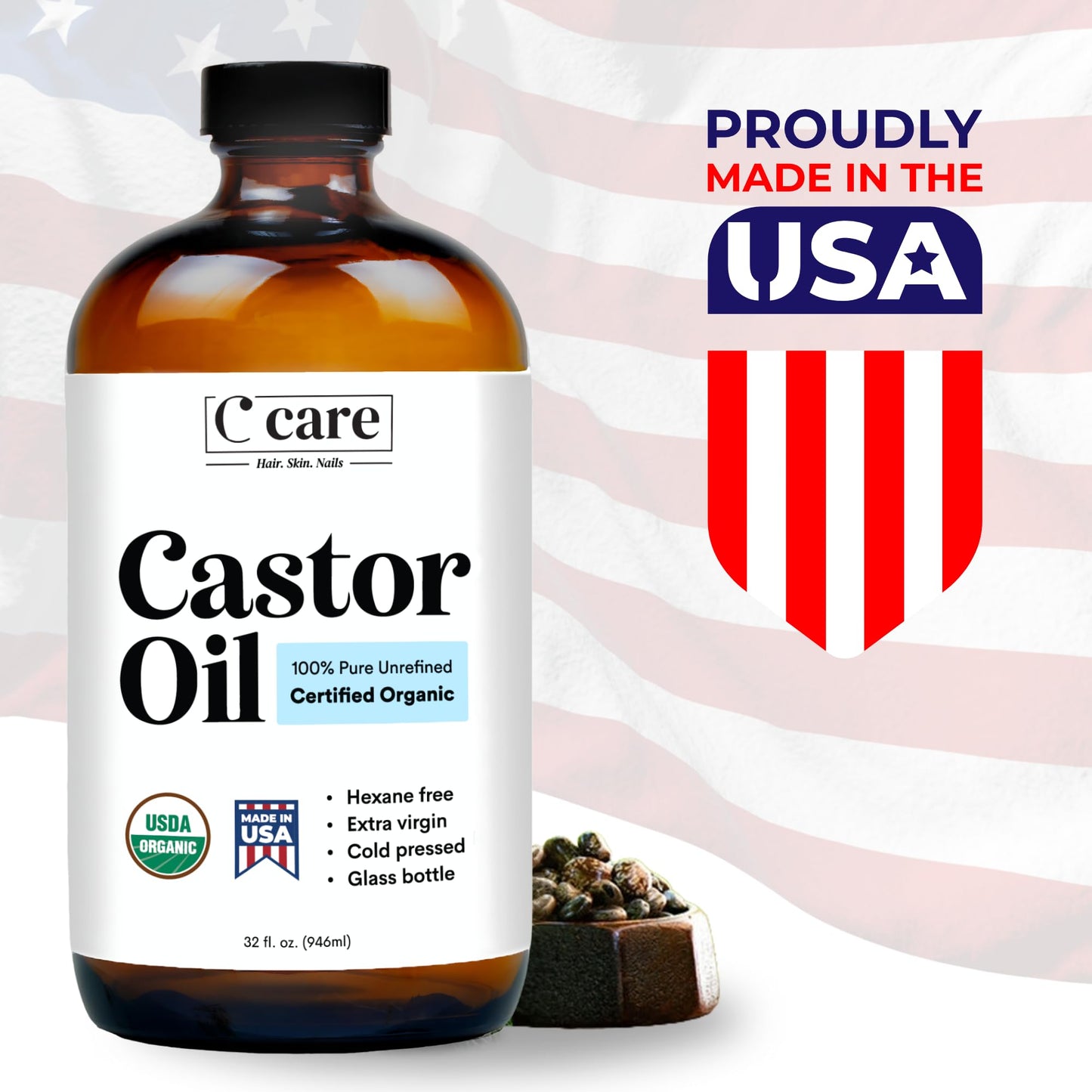C CARE Castor Oil 100% Pure Organic Cold Pressed Unrefined Glass Bottle | USDA Certified Organic | Hexane Free Extra Virgin | For Hair Growth Eyebrows Eyelashes Skin and Castor Oil Pack Wrap | 16oz