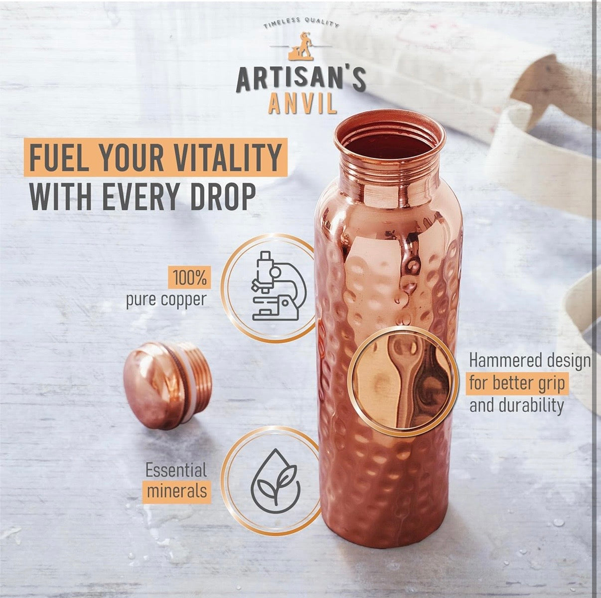 100 Percent Pure Copper Ayurvedic Water Bottle with satchel