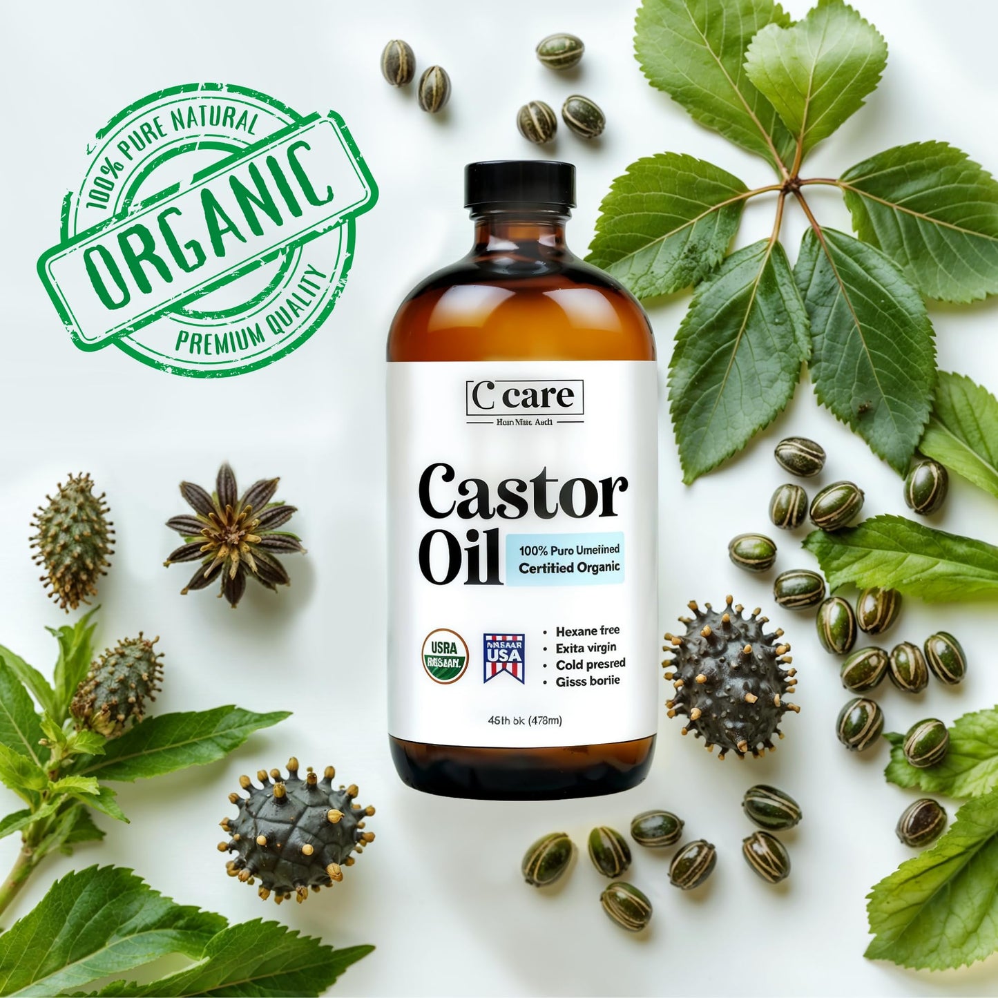 C CARE Castor Oil 100% Pure Organic Cold Pressed Unrefined Glass Bottle | USDA Certified Organic | Hexane Free Extra Virgin | For Hair Growth Eyebrows Eyelashes Skin and Castor Oil Pack Wrap | 16oz