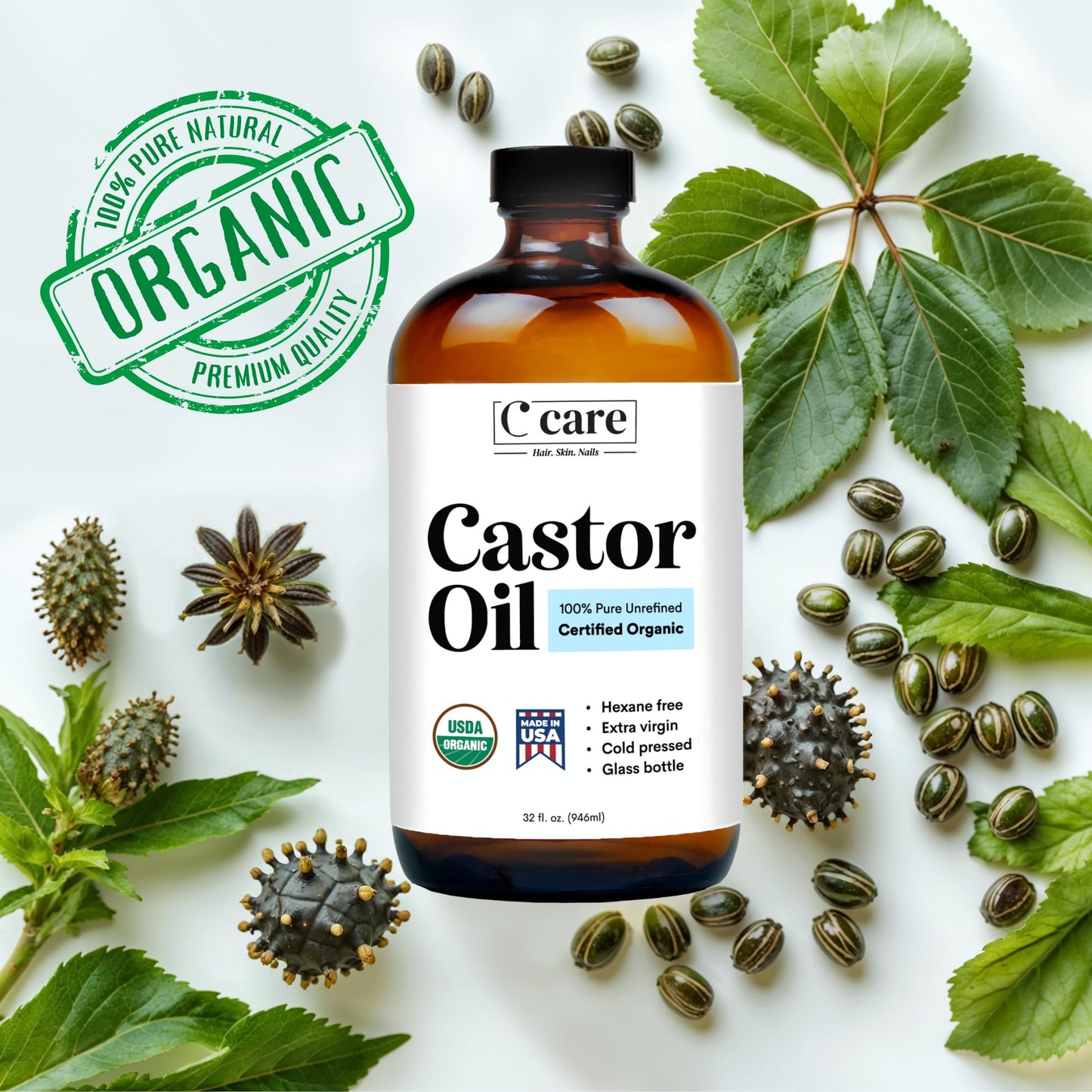 C CARE Castor Oil 100% Pure Organic Cold Pressed Unrefined Glass Bottle | USDA Certified Organic | Hexane Free Extra Virgin | For Hair Growth Eyebrows Eyelashes Skin and Castor Oil Pack Wrap | 16oz