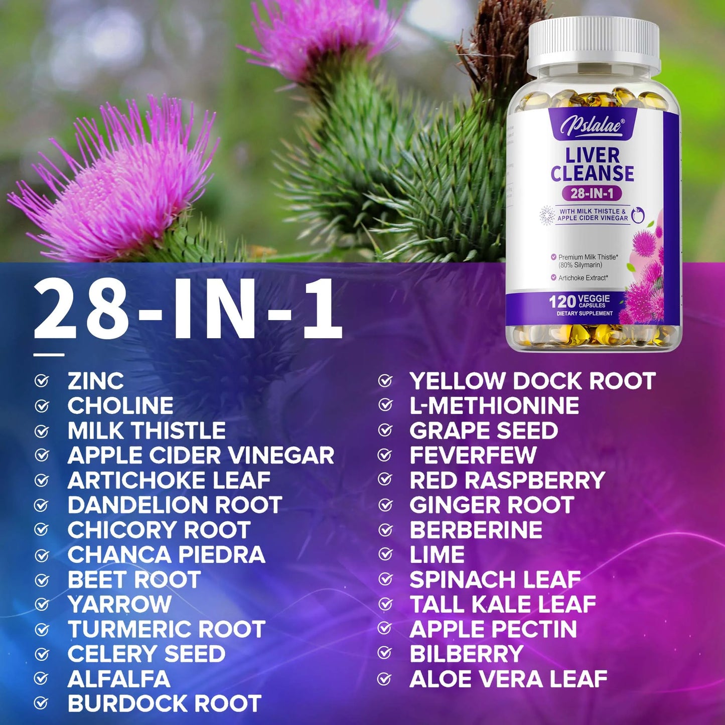 Liver Health Support, 28-in-1 Liver Cleanse, Detox & Repair Fatty Liver Formula with Artichoke, Dandelion - 120 Capsules