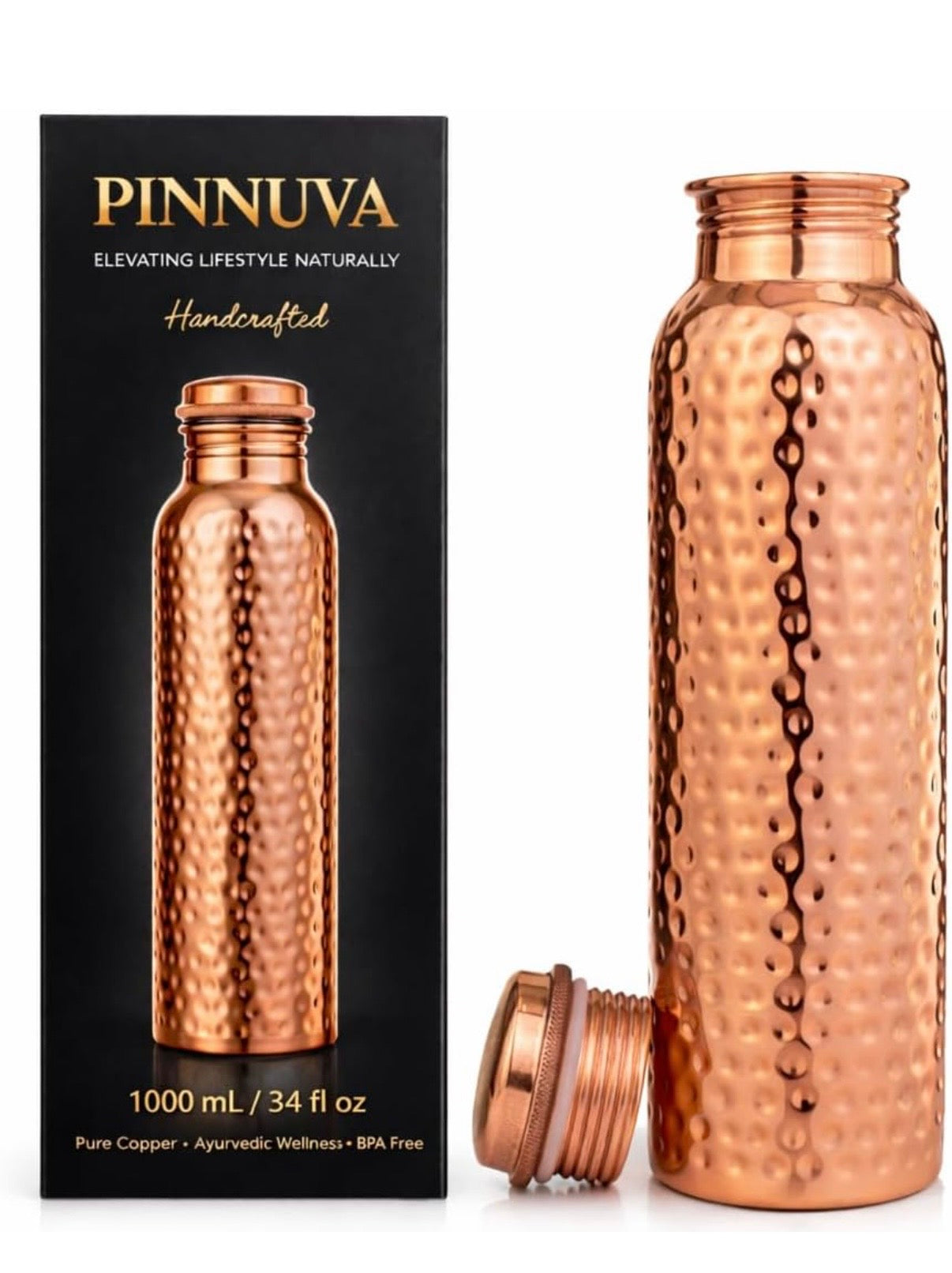 Handcrafted Ayurvedic 100 Percent Pure Copper Water Bottle, 34oz, Leak-Proof & Eco-Friendly for Fitness and Travel