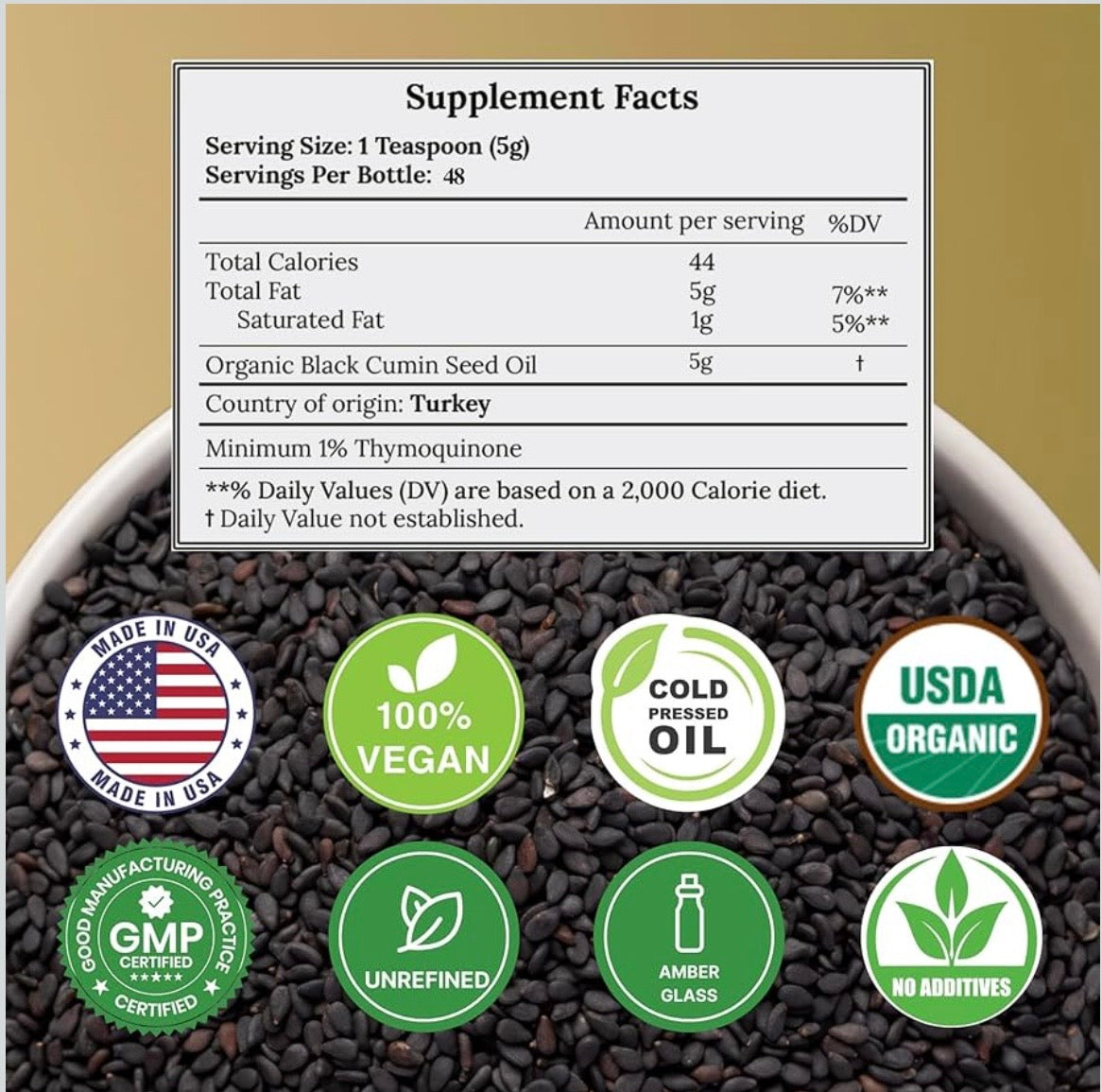 Black Seed Oil Organic Unrefined Cold Pressed USDA Certified - High Thymoquinone 8 Fl Oz