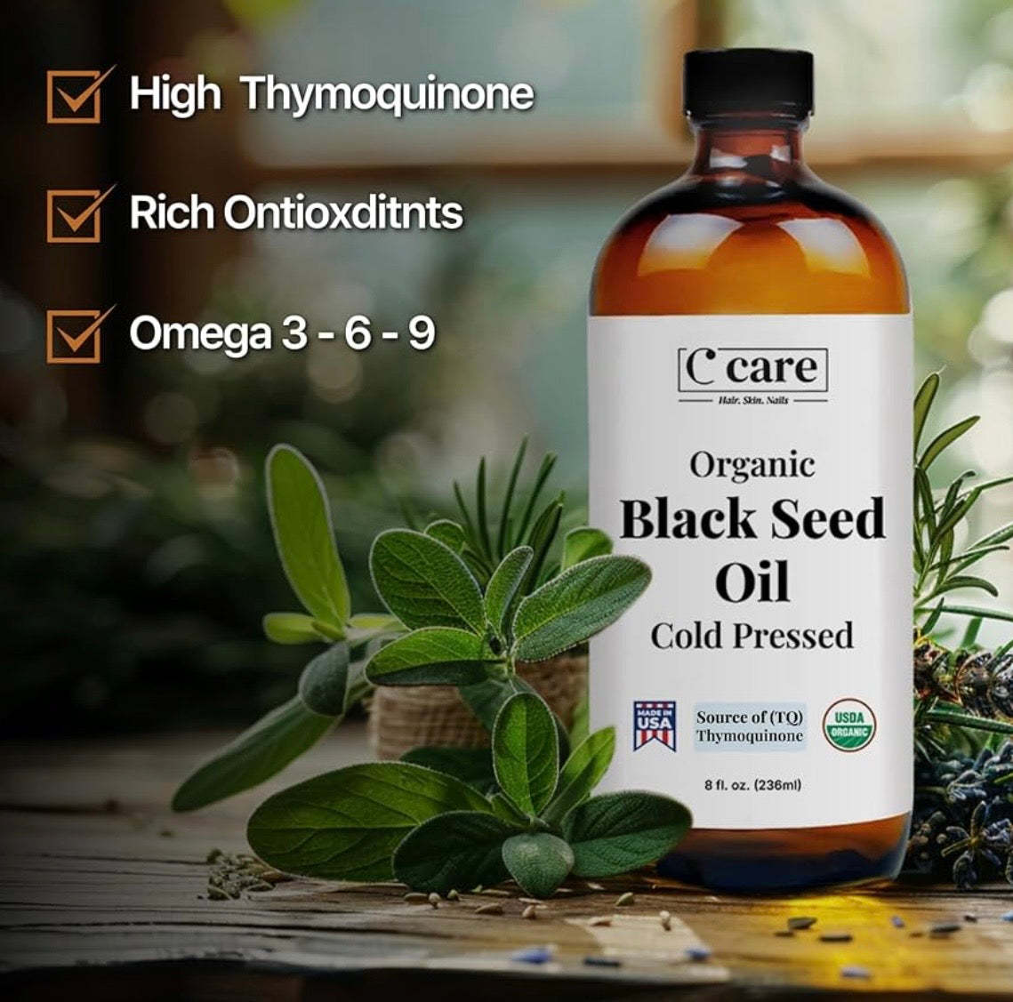 Black Seed Oil Organic Unrefined Cold Pressed USDA Certified - High Thymoquinone 8 Fl Oz