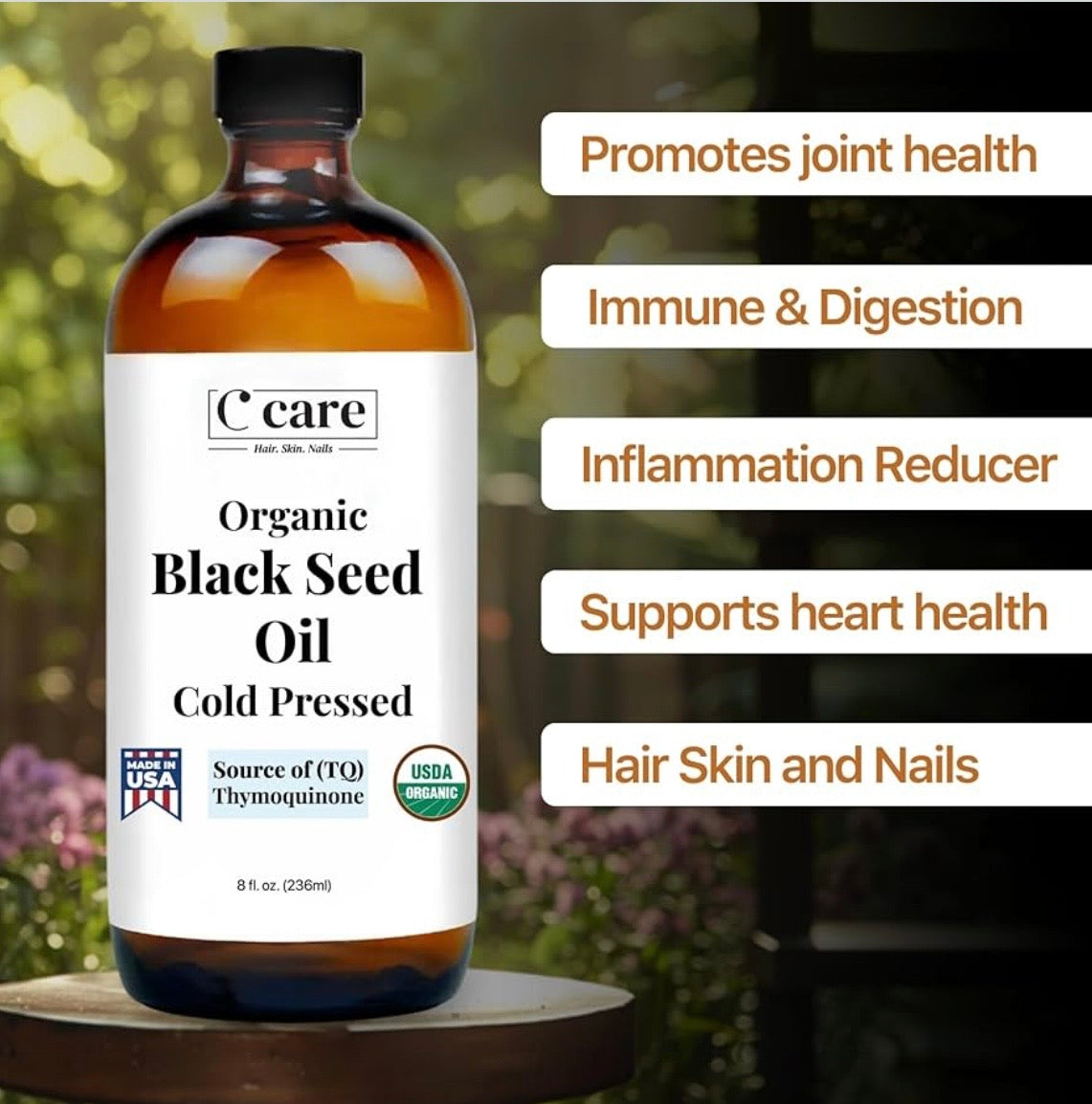 Black Seed Oil Organic Unrefined Cold Pressed USDA Certified - High Thymoquinone 8 Fl Oz