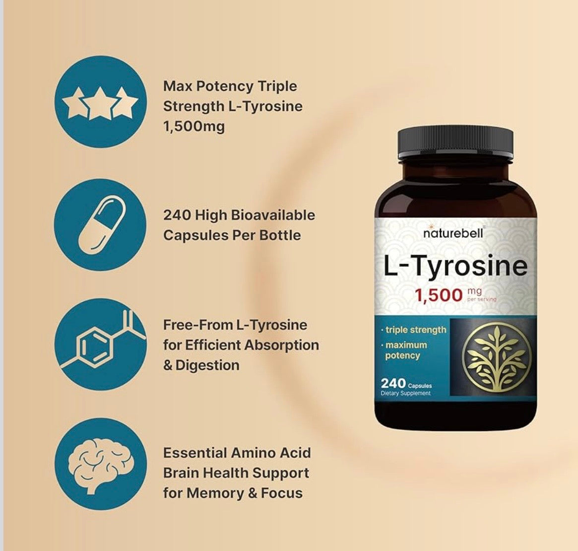 L Tyrosine Supplement, 1,500mg Per Serving, 240 Capsules | Essential Amino Acids – Brain Health Support for Memory, Cognitive Health, and Mental Alertness – Non-GMO