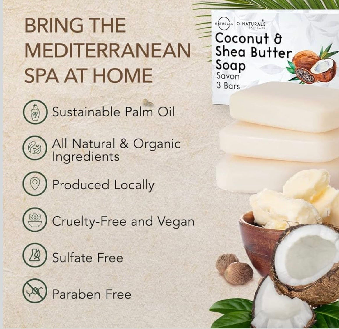 Organic Coconut Shea Butter Bar Soap - 3 Pack - Vegan Non Toxic