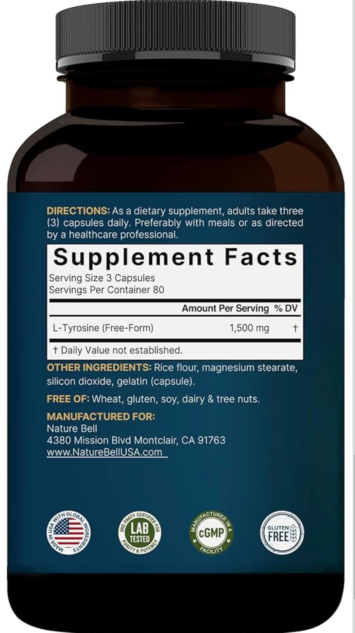 L Tyrosine Supplement, 1,500mg Per Serving, 240 Capsules | Essential Amino Acids – Brain Health Support for Memory, Cognitive Health, and Mental Alertness – Non-GMO