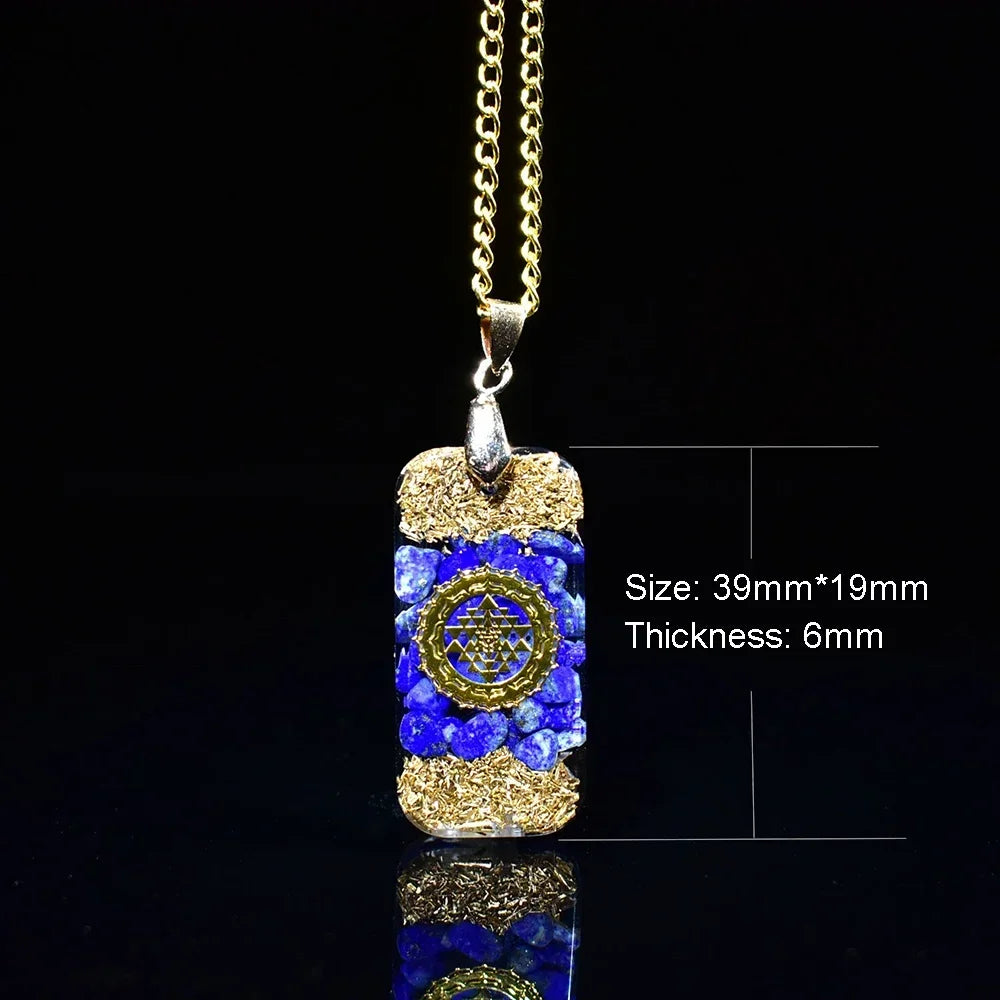 Natural Lapis Lazuli Chip Stones Orgone Resin Pendant with Golden Foil Inside Reiki Healing Crystals Necklace.