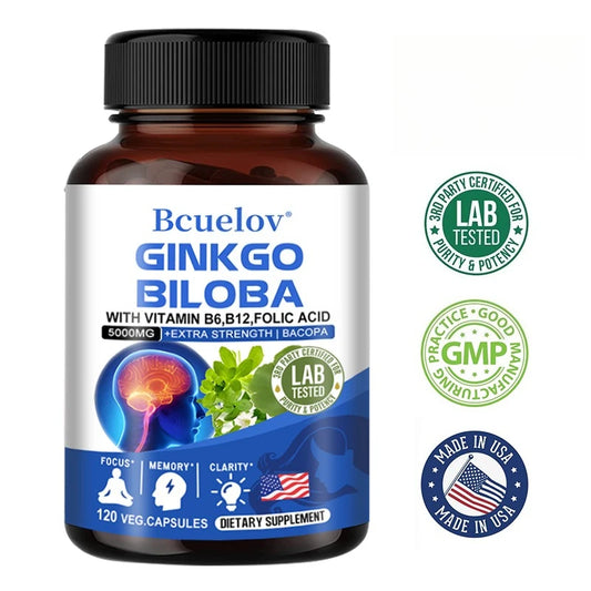 Ginkgo Biloba 5000 Mg Extra Strength - Third Eye Activation - Supports Brain Function and Memory, Focus, Stress Relief, 120 Veggie Capsules