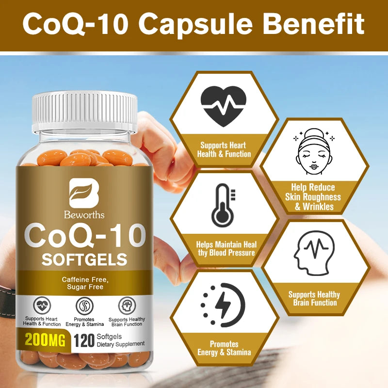 Coenzyme Ubiquinol Q10 Capsules COQ10 Health Supplement for Adult Enhance Heart Function Support Brain and Skin Health