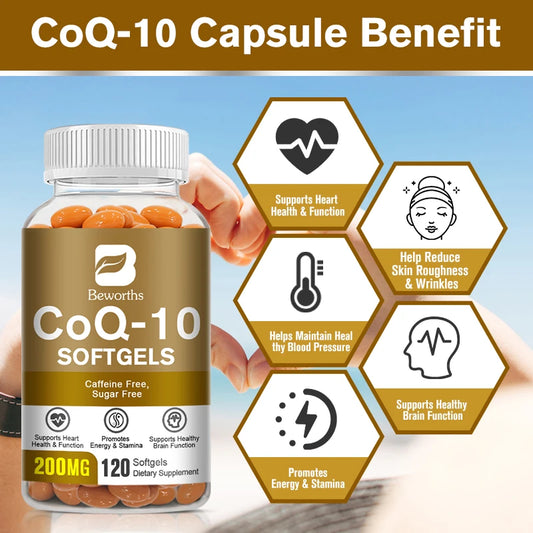 Coenzyme Ubiquinol Q10 Capsules COQ10 Health Supplement for Adult Enhance Heart Function Support Brain and Skin Health