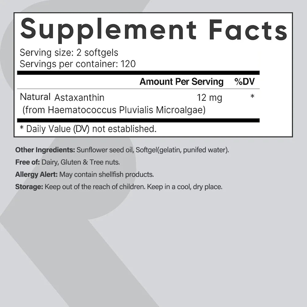 Astaxanthin 12mg, 120 soft gels, Premium Astaxanthin Antioxidant Supplements for Skin Health, Hair Growth, Collagen, Age Reversal, Removes Oxidative Stress, 6000 x’s more powerful than vitamin C