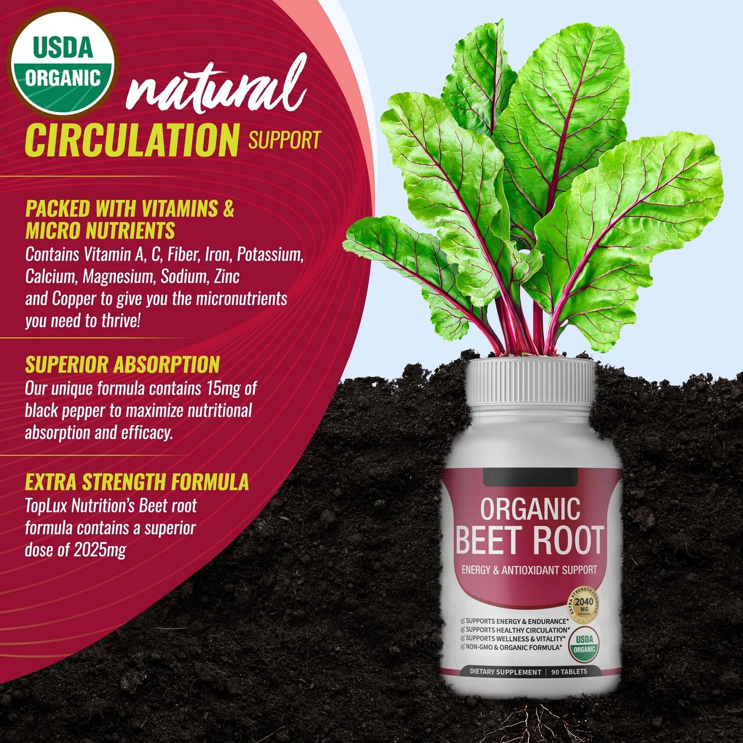 Organic Beet Root  Tablets - 2040mg Natural Nitric Oxide Beets to Support, Heart Function,Energy, Black Pepper Better Absorption, for Men Women