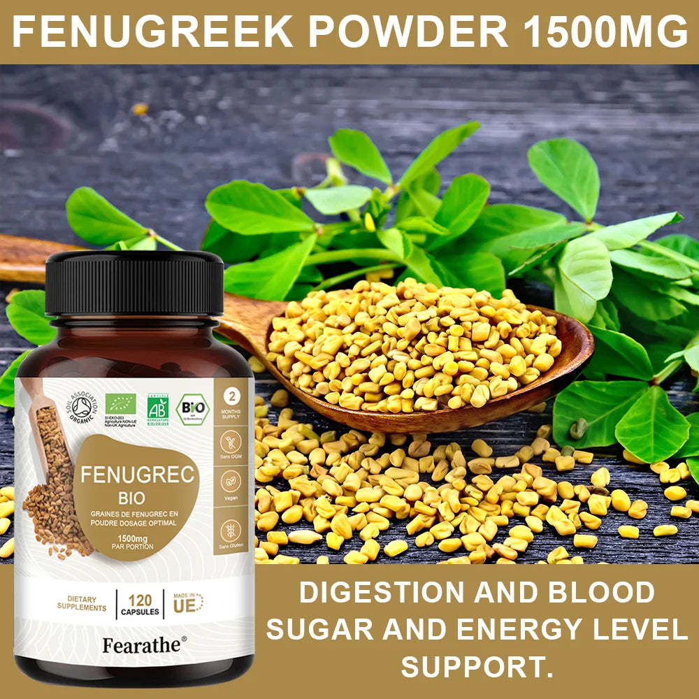 Fenugreek 1500Mg - 120 Capsules - Organic Fenugreek Rich in Protein & Vitamins, Enhances Breast Size In Divine Feminine by increasing Mammary Gland Production & Boost Testosterone Levels in Divine Masculine & Libido.