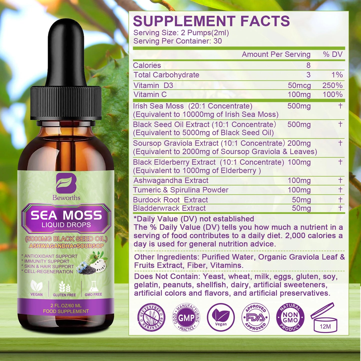 60ML Sea Moss Extract Drop Superfood, Support Immunity and Kidney Health, Aids in Weight Management, Promote Digestion and Antioxidation