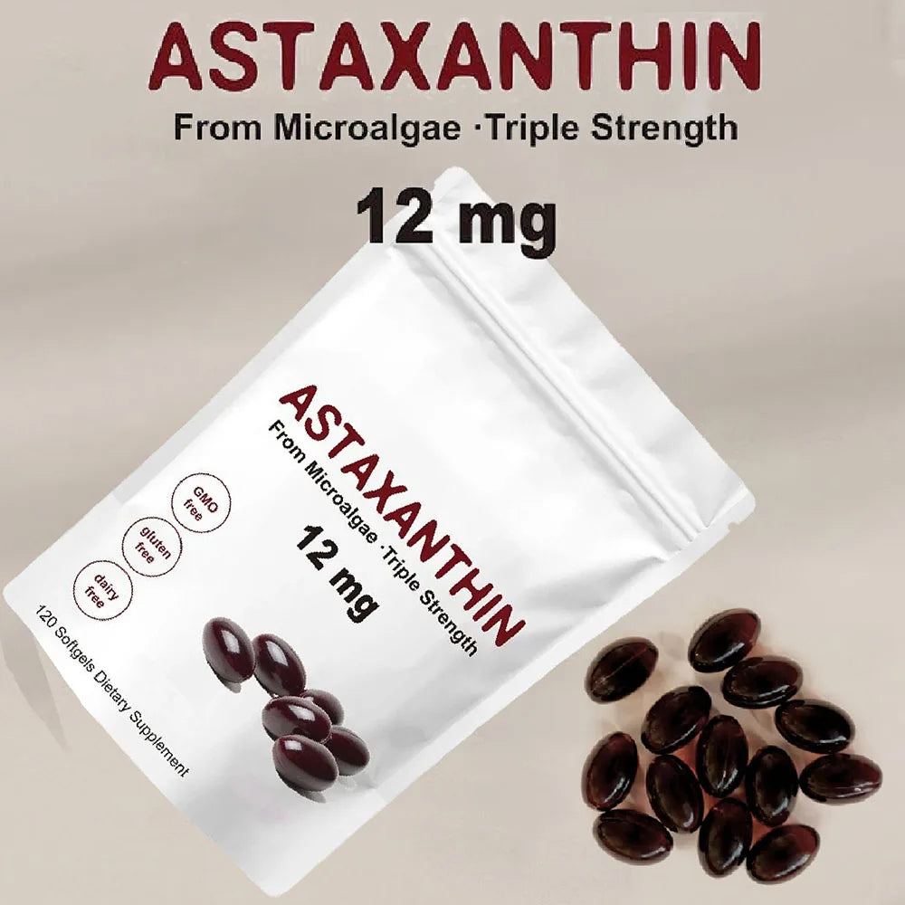 Astaxanthin 12mg, 120 soft gels, Premium Astaxanthin Antioxidant Supplements for Skin Health, Hair Growth, Collagen, Age Reversal, Removes Oxidative Stress, 6000 x’s more powerful than vitamin C