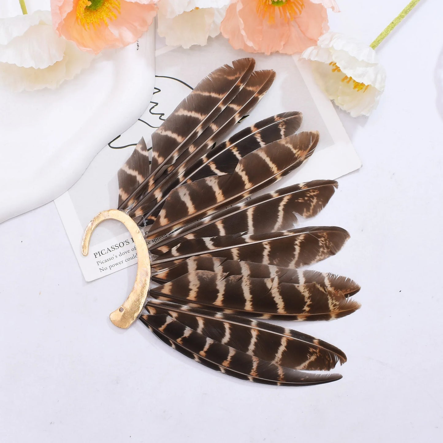 Brown Long Feather Ear Cuff Earrings, Feather Ear Hook Clip Earrings