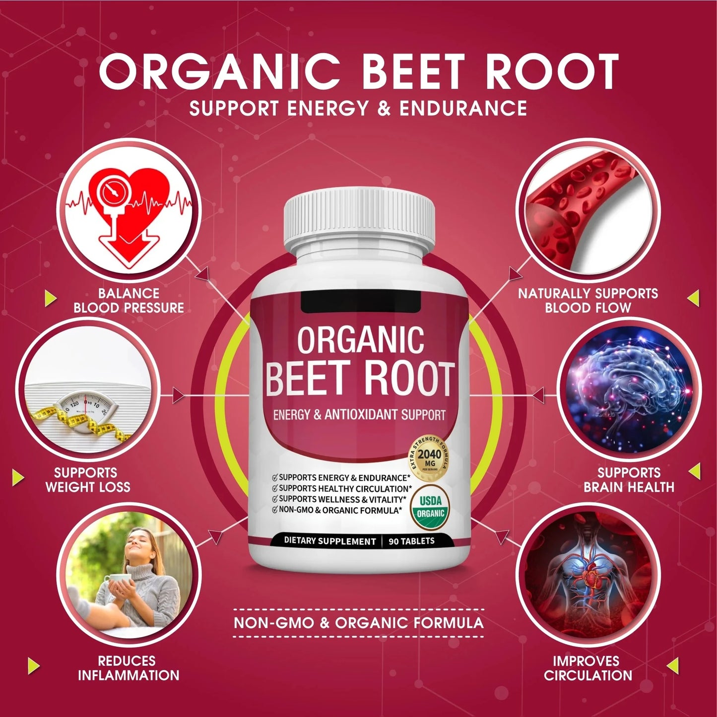 Organic Beet Root  Tablets - 2040mg Natural Nitric Oxide Beets to Support, Heart Function,Energy, Black Pepper Better Absorption, for Men Women