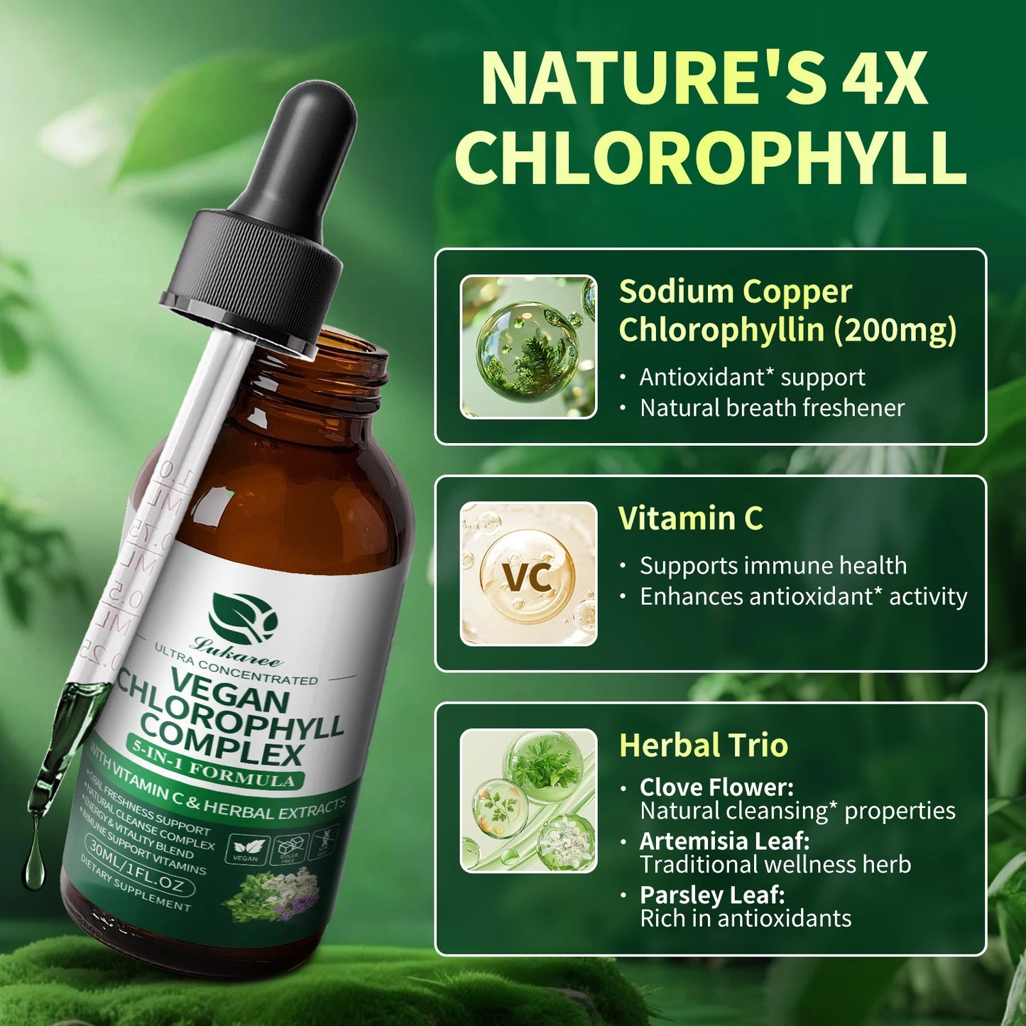 Chlorophyll 30 ML Liquid Drops Supports Natural Cleansing & Immune, Internal Deodorant, Heavy Metal & Micro Plastics Detox
