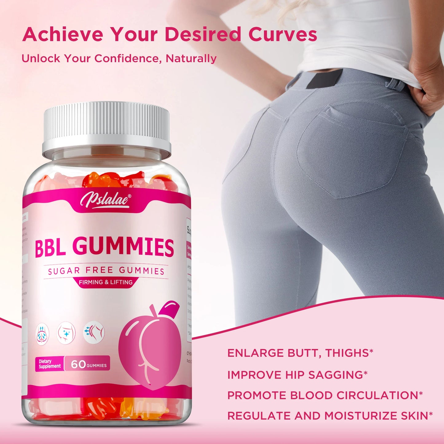 BBL Gummies - Big Butt, Manage Body Shape,Contour Figure And Improve Hour Glass Appearance, Increase Confidence, Sculpt Your Butt, Hips & Breast Naturally - 60 Capsules