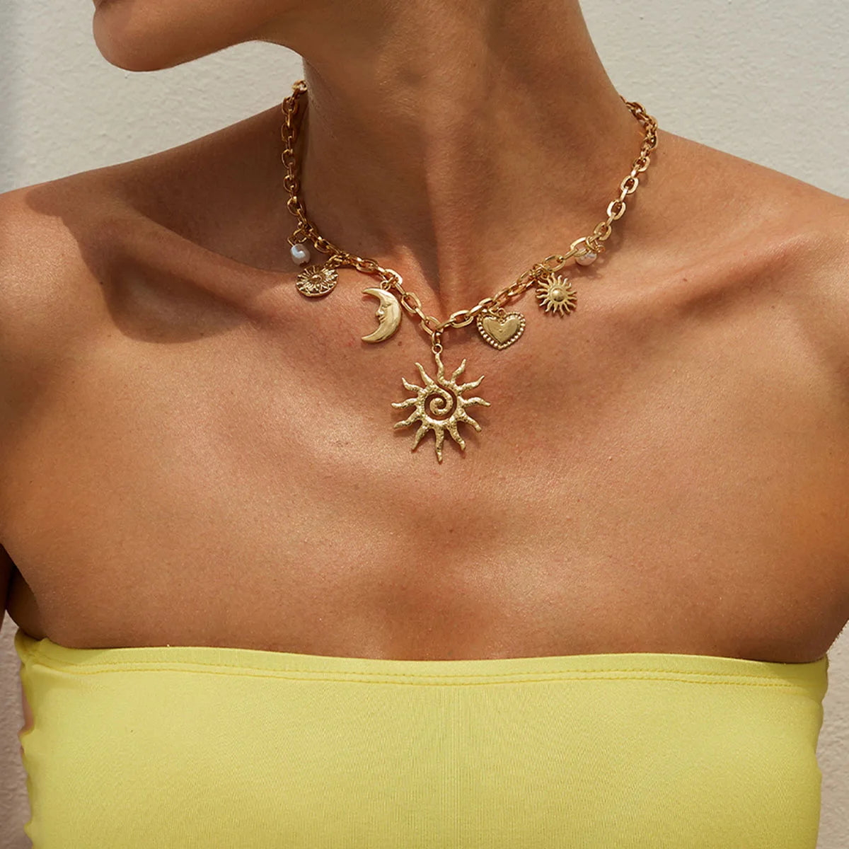Esoteric Heart Sun Moon Pendant Necklace.