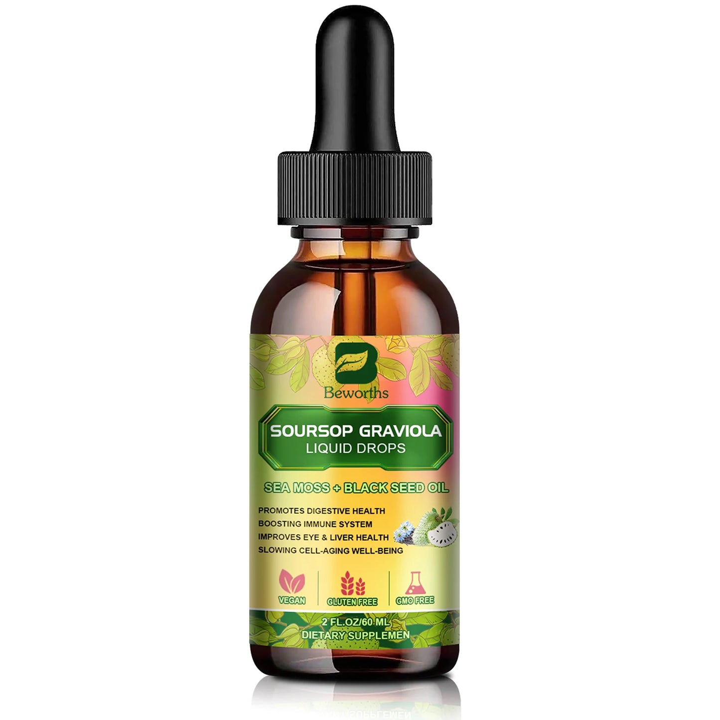 Soursop Graviola Extract 60 ML Drops Black Seed Oil Support Immunity and Kidney Health,Detox,Antioxidation Gluten-Free
