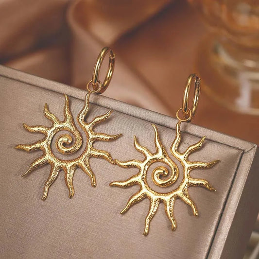 Spiral Sunflower Pendant Earrings for Women Vintage Gold Color Sun Geometric