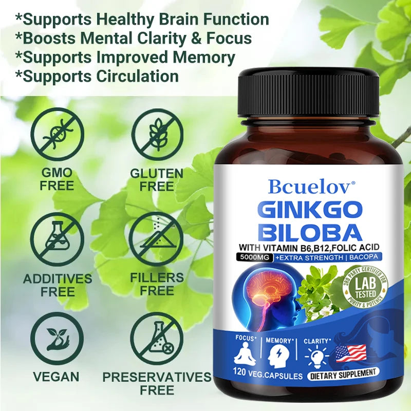 Ginkgo Biloba 5000 Mg Extra Strength - Third Eye Activation - Supports Brain Function and Memory, Focus, Stress Relief, 120 Veggie Capsules