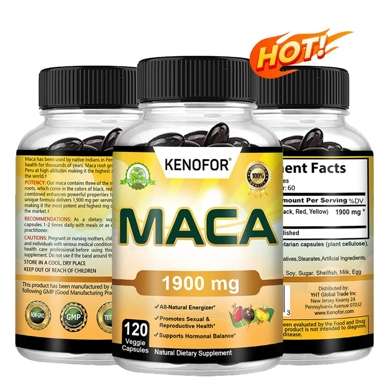 Organic Maca Root Capsules For Men & Women Non Gmo Pure Peru Maca Root Extract Black Red Yellow Supports Natural Energy, Boost Libido, Increases Fertility