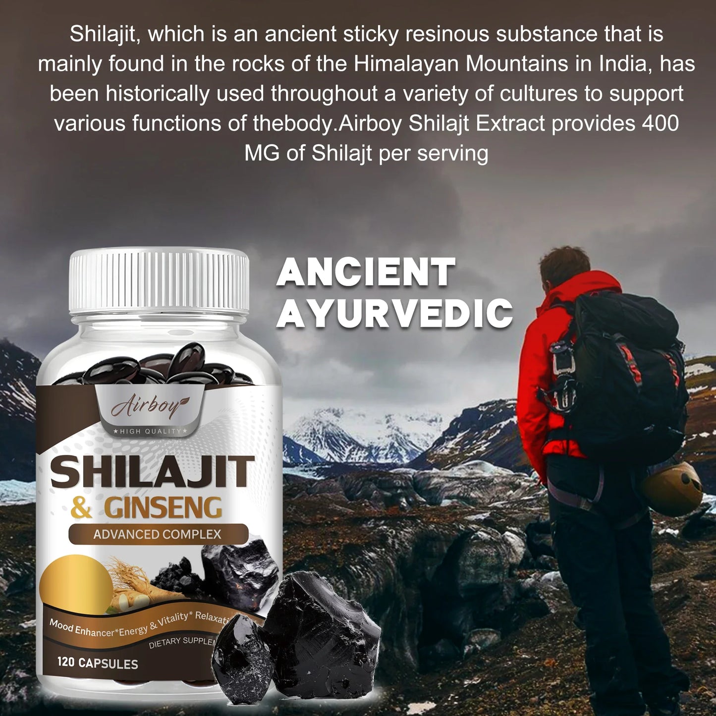 Shilajit & Ginseng Supplement - Provides Energy, Stamina and Endurance, Enhances Brain & Memory, Immune Support - 120 Capsules