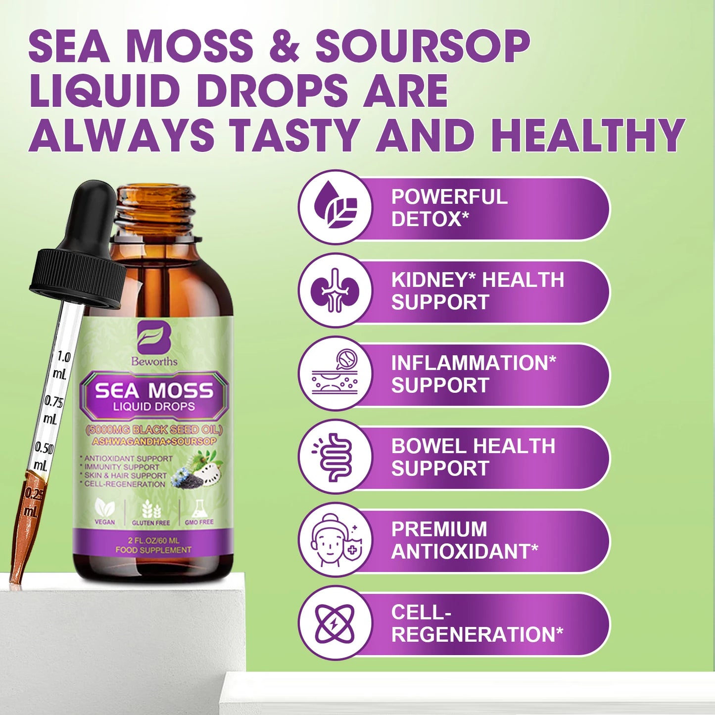60ML Sea Moss Extract Drop Superfood, Support Immunity and Kidney Health, Aids in Weight Management, Promote Digestion and Antioxidation