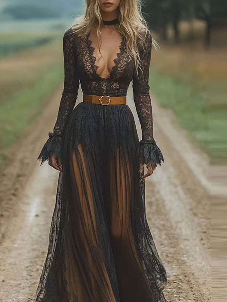 Sexy V-Neck Black lace mesh long sleeved retro Long Dress women's Slim embroidery.
