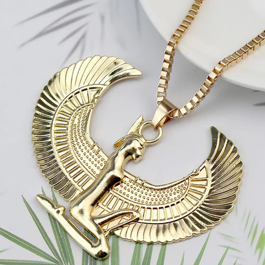 Ancient Egyptian Mythology Goddess Isis Wings Necklace Stainless Steel Pendant Necklace Women Vintage Egypt Gold Color
