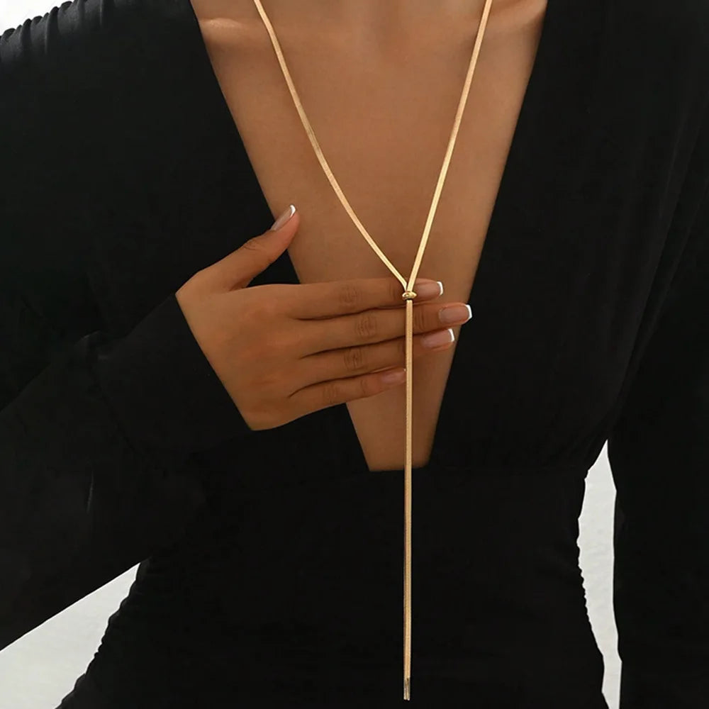 Long Flat Snake Bone Chain Necklace for Women Stainless Steel Gold Color Y-Shaped EsotericNecklace