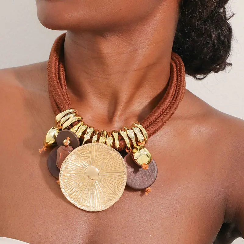 Tribal Beaded Necklace with Round Pendant for Woman.