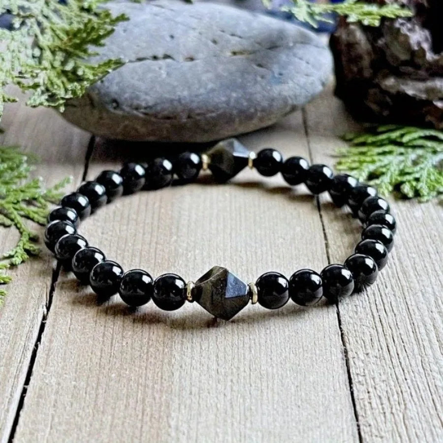Obsidian Tourmaline Bracelet - Natural Healing Crystal Beads for Manifestation, Protection Positive Energy and Spiritual Balance