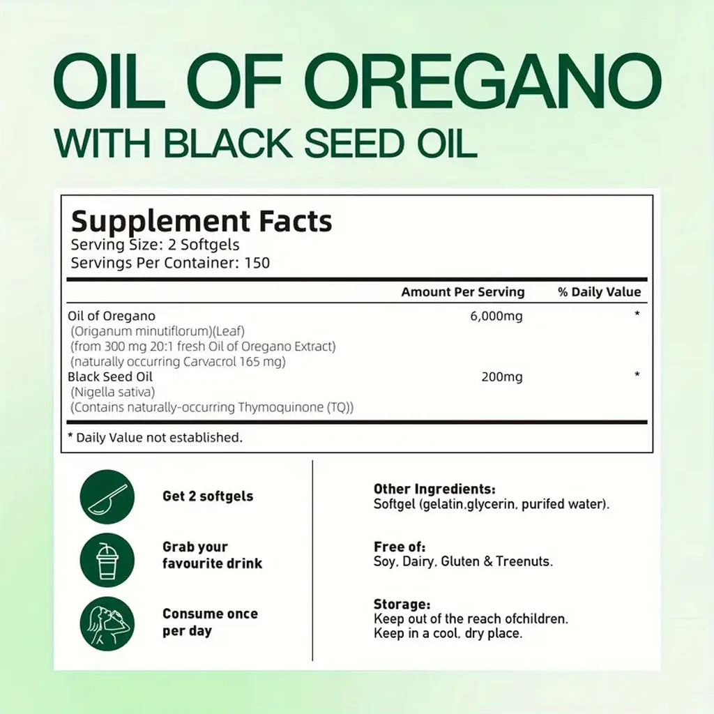 300 Capsules Oil Of Oregano with Black Seed Oil Natural Antioxidants - antimicrobial, antiviral Supports healthy Immune System.