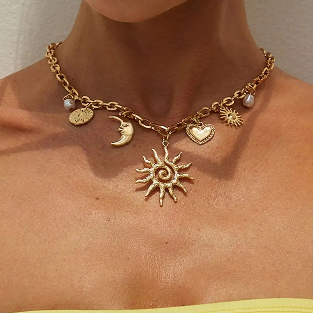 Esoteric Heart Sun Moon Pendant Necklace.