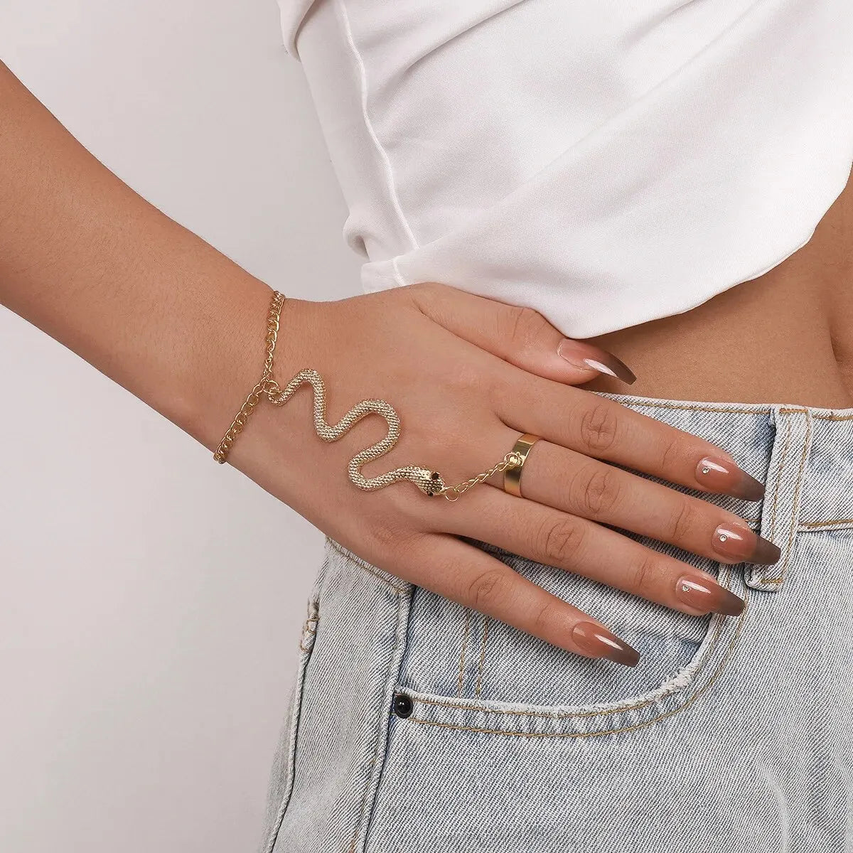 Kundalini Serpent Connecting Finger Ring Snake Bracelet for Women Vintage Tassel Hand Jewelry