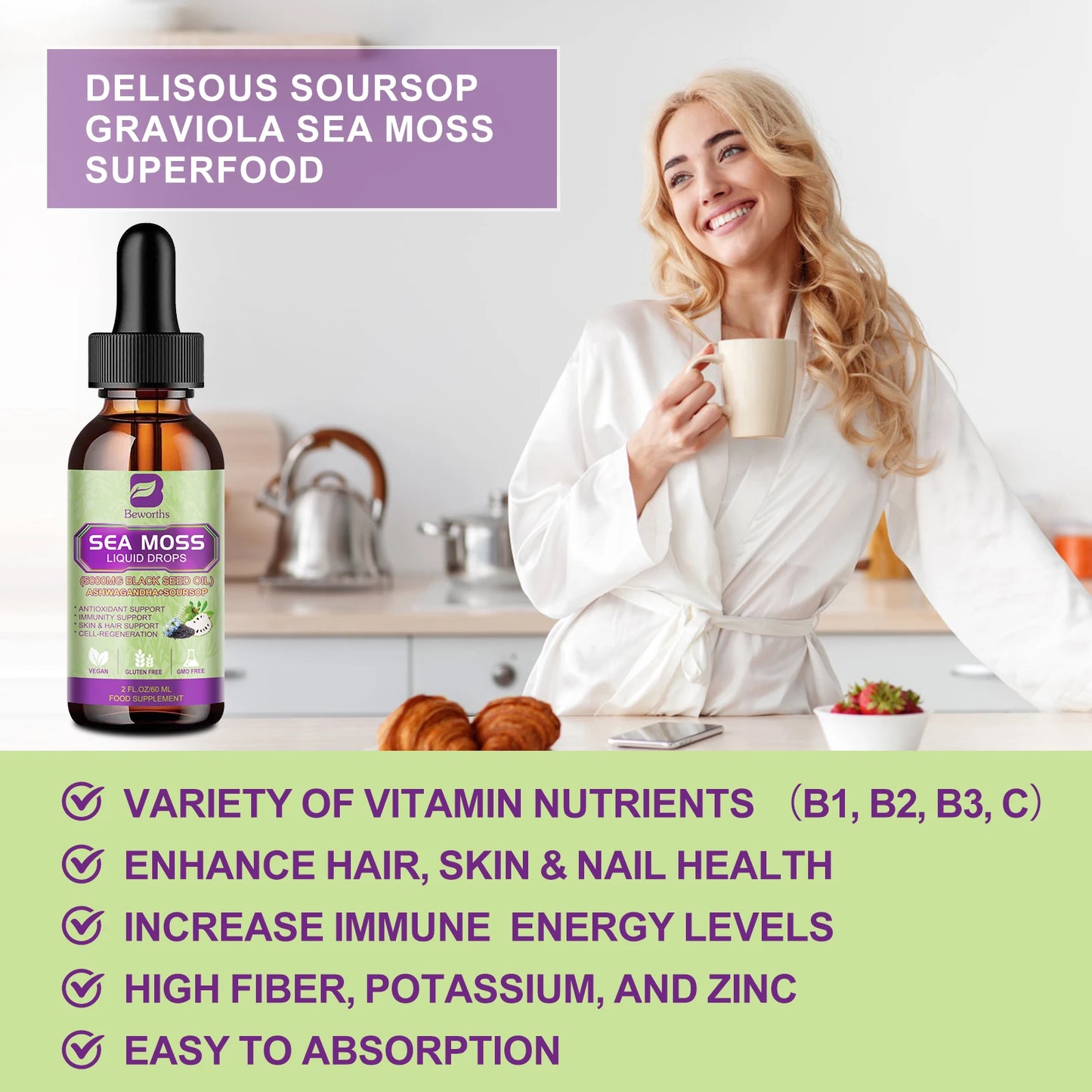 60ML Sea Moss Extract Drop Superfood, Support Immunity and Kidney Health, Aids in Weight Management, Promote Digestion and Antioxidation