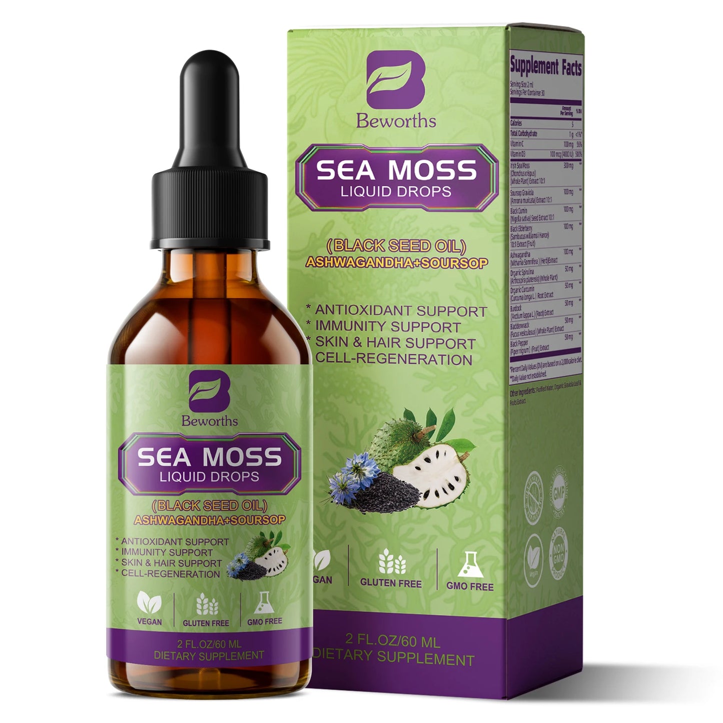60ML Sea Moss Extract Drop Superfood, Support Immunity and Kidney Health, Aids in Weight Management, Promote Digestion and Antioxidation